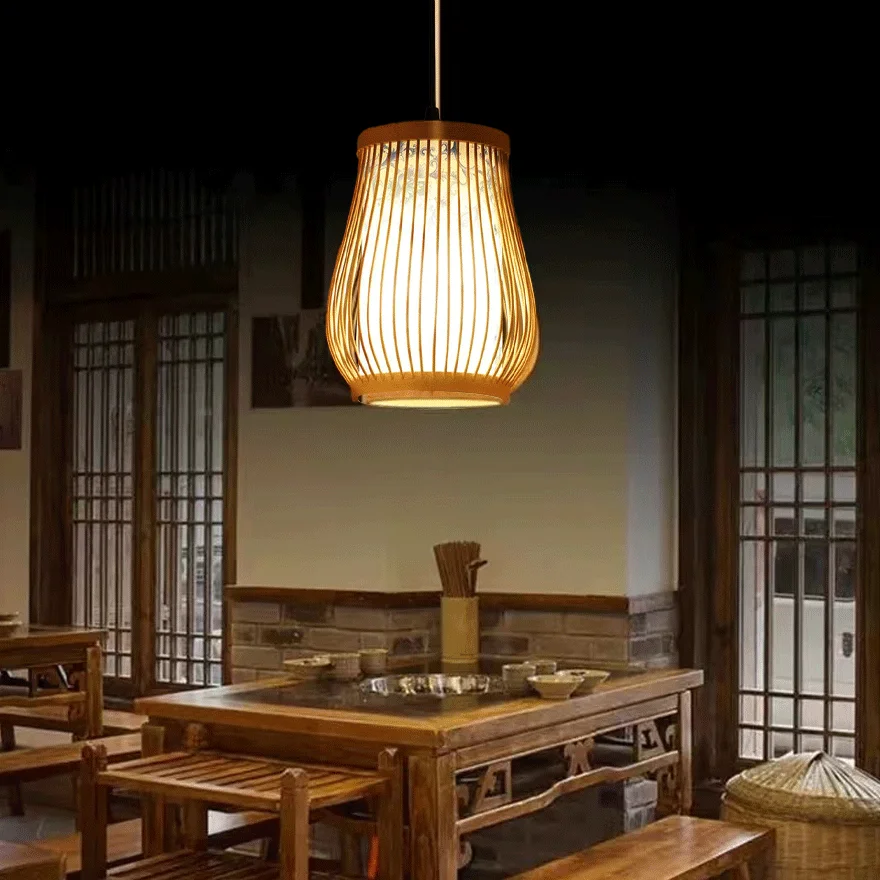 Boho Bamboo Lantern Dining Room Pendant Light, Natural Wood