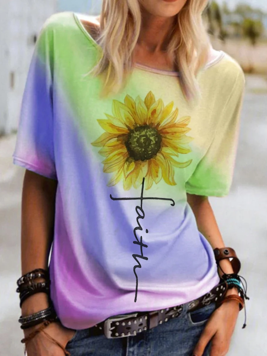 Casual Tie-dyed And Sunflower Print T-shirt