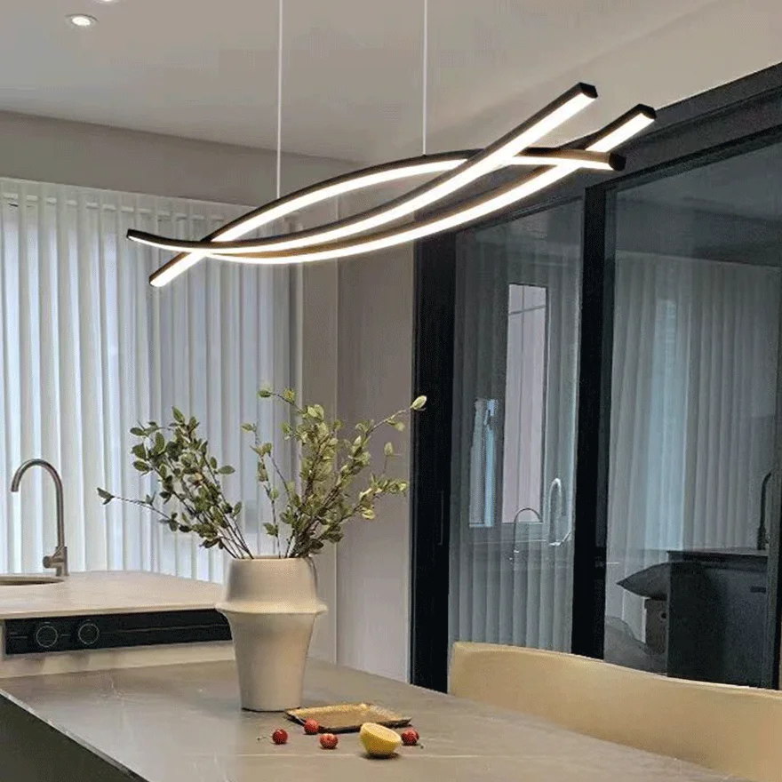 Modern Metal Curved Dining Room Pendant Light, Black, Trichromatic Light