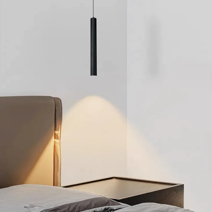 Minimalist Metal Cylindrical Bedroom Pendant Light, Black