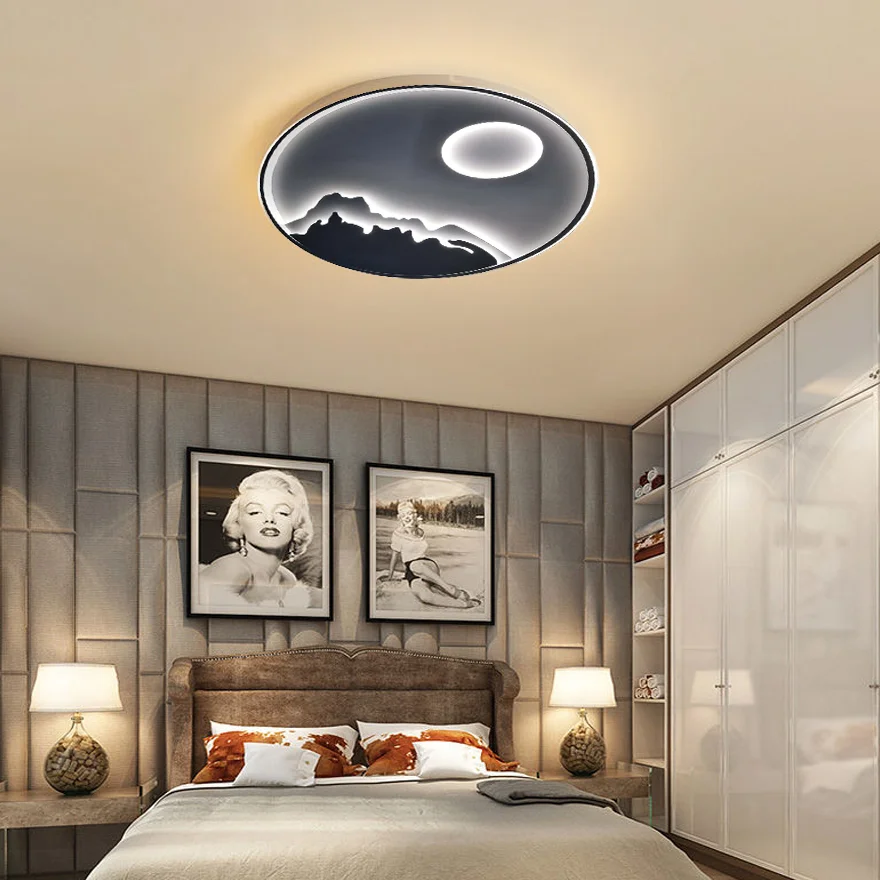 Modern Metal Round Bedroom Ceiling Light, Black/White, Trichromatic Light