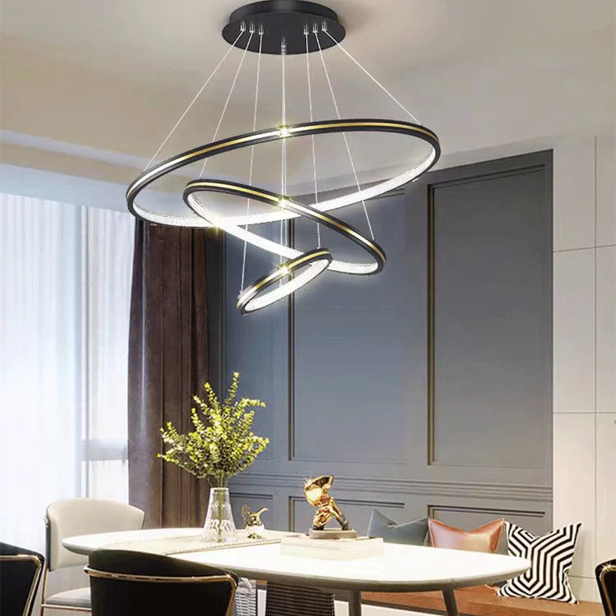 Modern Metal Ring Dining Room Pendant Light, Black/Gold, Trichromatic Light