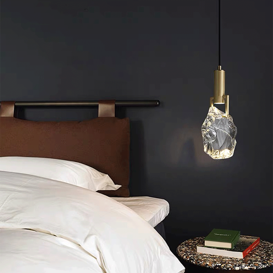 Modern Metal And Crystal Uneven Bedroom Pendant Light, Brass