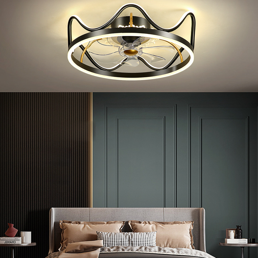 Art Deco Metal And Acrylic Crown Bedroom Ceiling Fan with Light, Black/Gold