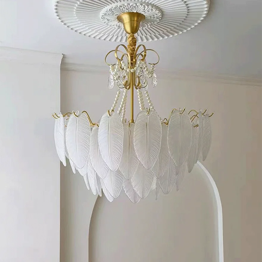 Decorative Pure Copper And Glass Feather Dining Room Chandelier Pendant Light, White, Trichromatic Light