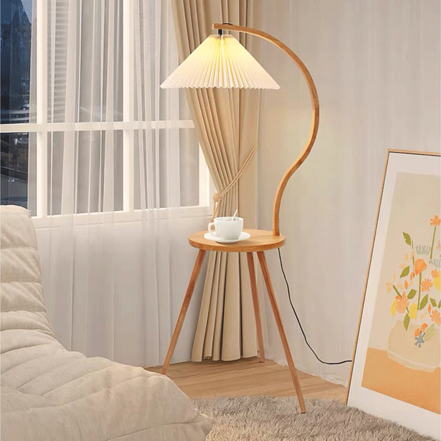 Farmhouse Wooden And Fabric Hooded  Living Room Floor Lamp, Log Color