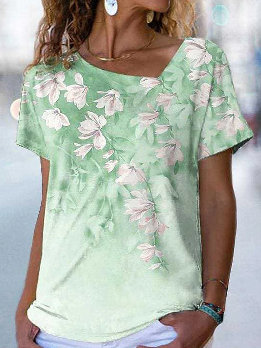 Casual Floral Print V-Neck Short Sleeve T-Shirt