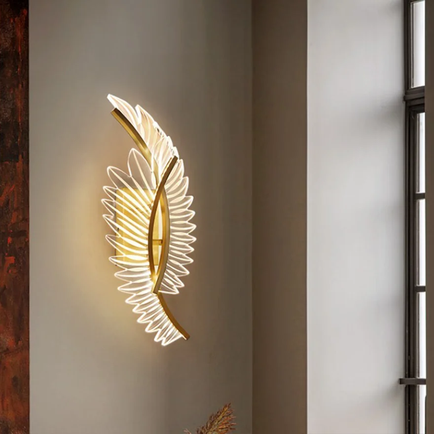 Art Deco Metal And Acrylic Feather Study Room Wall Lamp, Gold/Clear