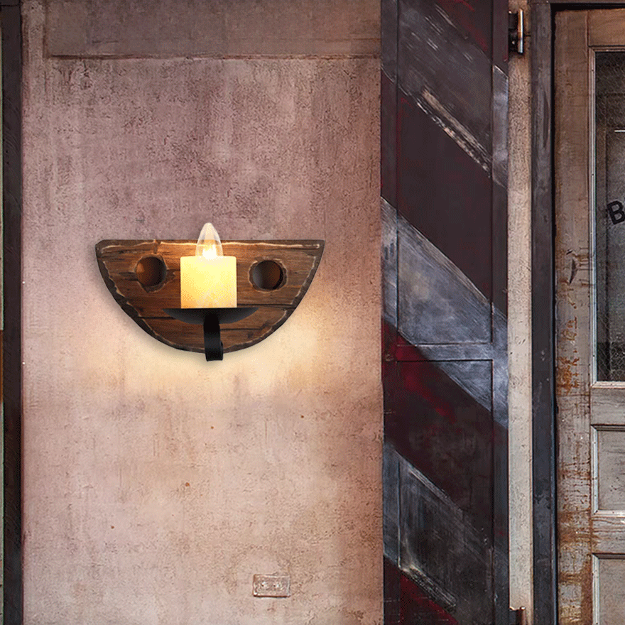 Vintage Metal And Pine Wooden Candle Semicircle Living Room Wall Lamp, Natural Wood