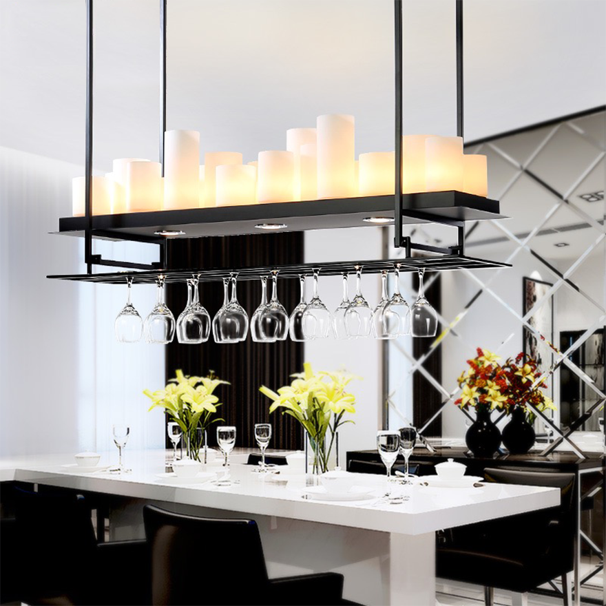 Art Deco Metal And Glass Rectangular Dining Room Pendant Light, Black