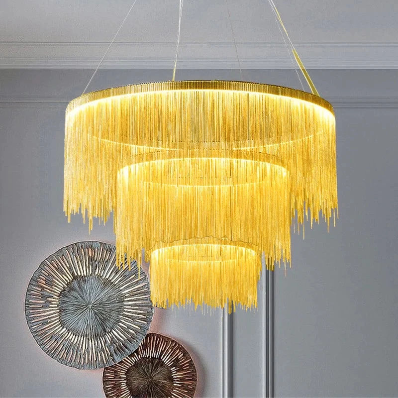 Royal Metal Tassel Living Room Chandelier Pendant Light, Gold, Trichromatic Light