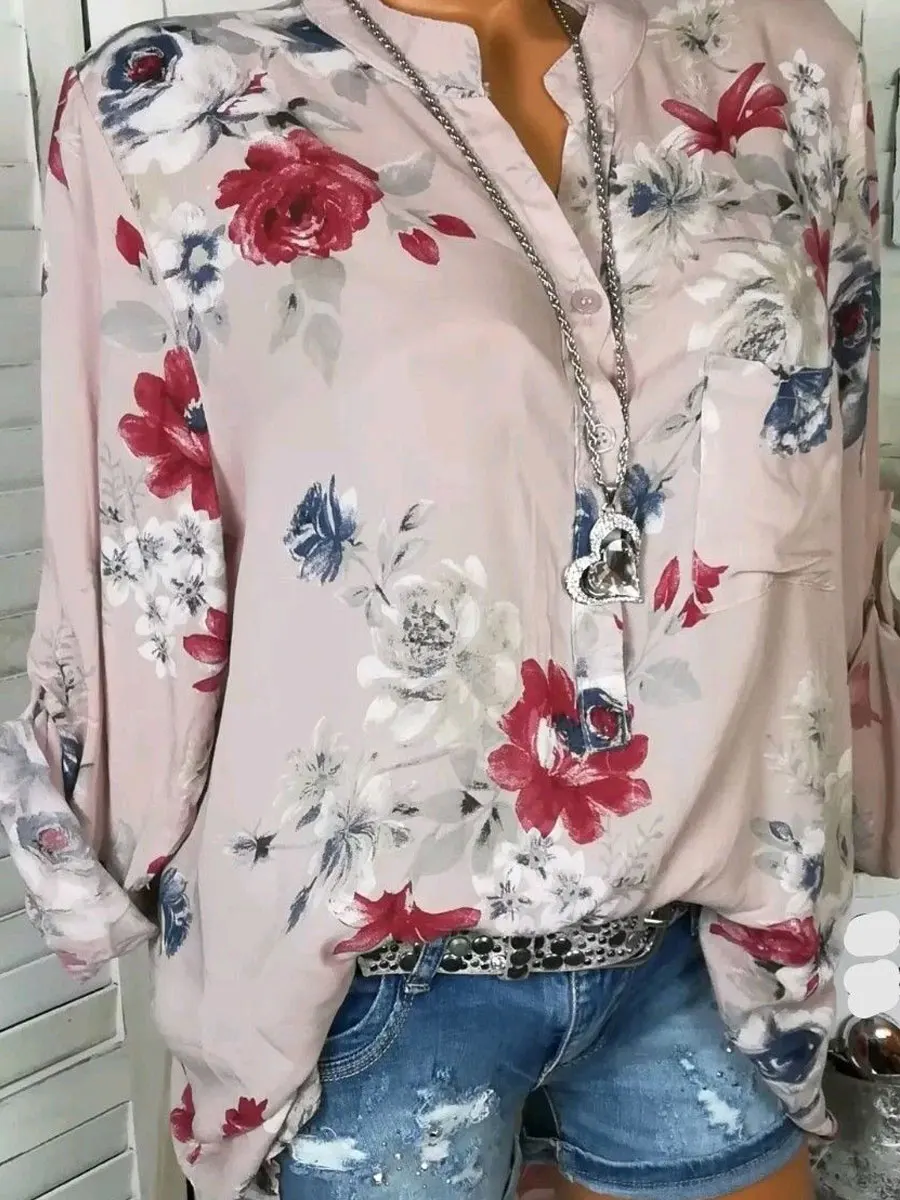 Autumn Spring Summer Cotton V-Neck Button Floral Printed Blouses