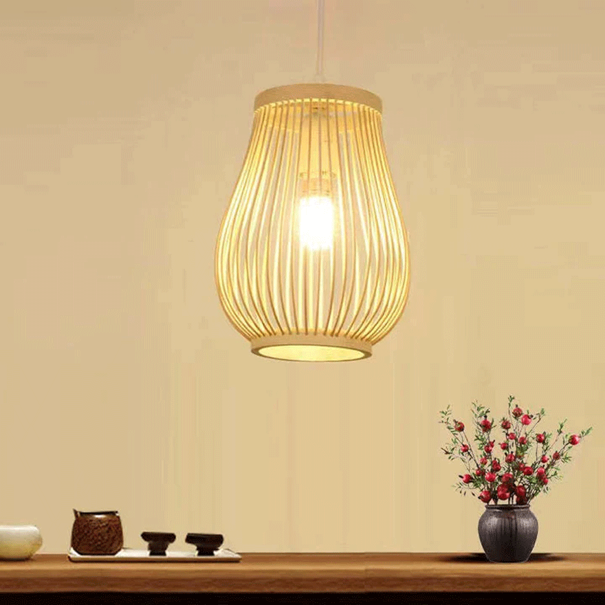 Boho Bamboo Lantern Dining Room Pendant Light, Natural Wood