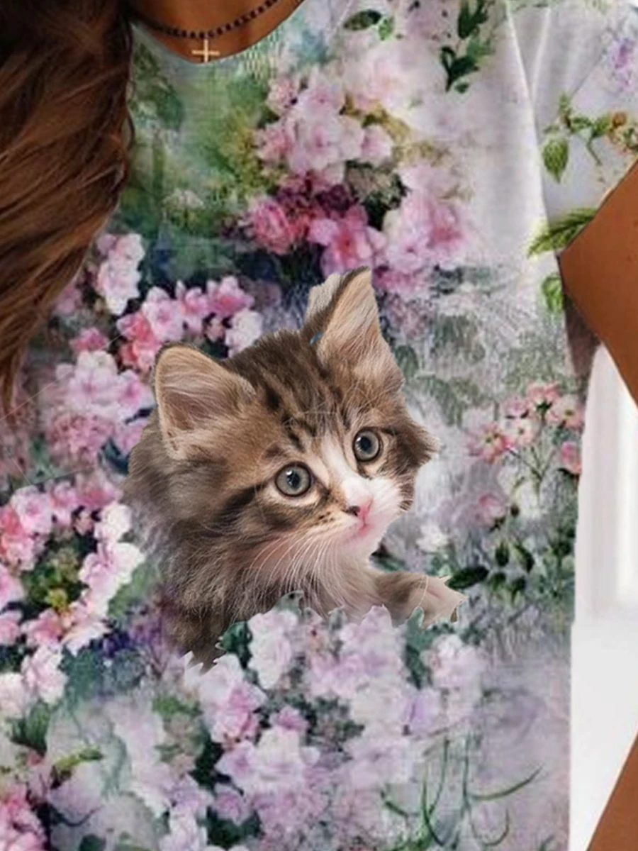 Womens Casual Fashion Cat And Floral Print T-shirt