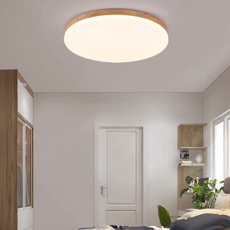 Modern Wooden And Acrylic Round Bedroom Ceiling Light, Natural Wood, Trichromatic Light