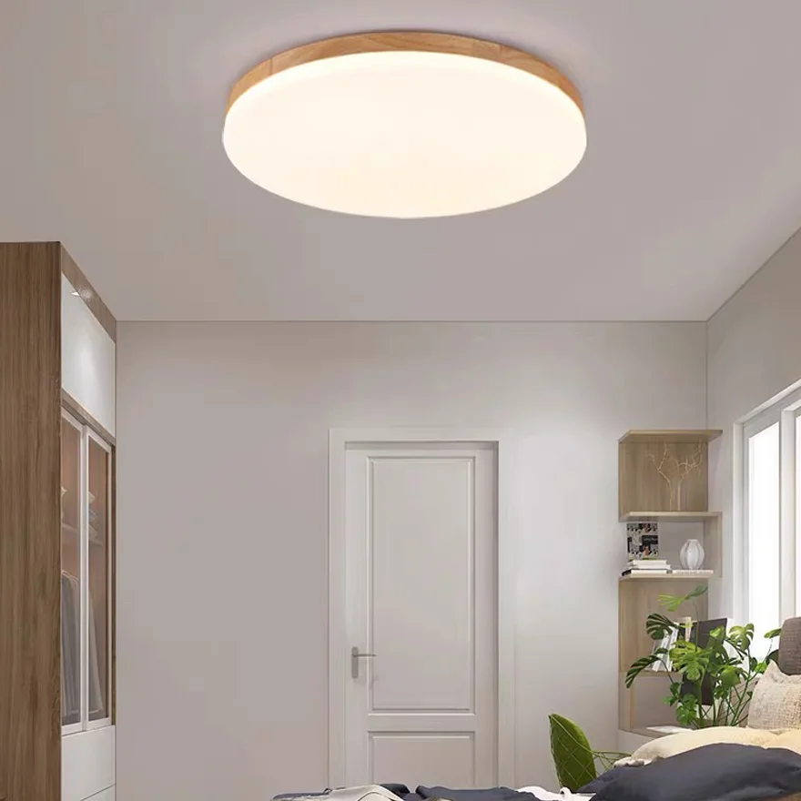 Modern Wooden And Acrylic Round Bedroom Ceiling Light, Natural Wood, Trichromatic Light