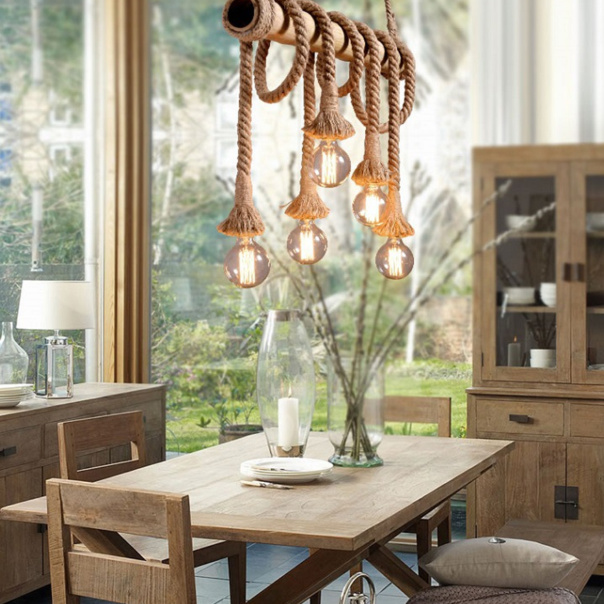 Rustic Hemp Rope And Metal  Strip Dining Room Pendant Light, Log Color