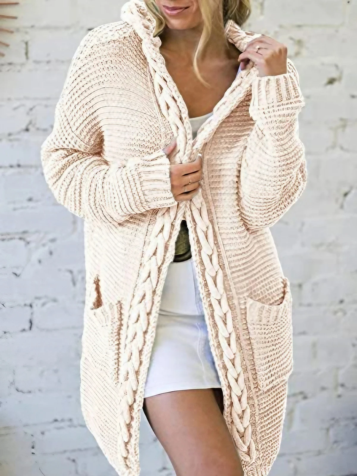 Women's Solid Jacquard Knitted Hooded Mid-length Cardigan