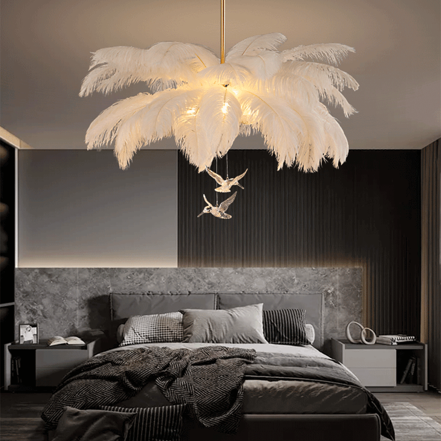 Nordic Feather And Acylic Cluster Dining Room Chandelier Pendant Light, White