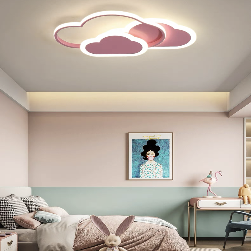 Art Deco Acrylic And Metal Cloudy Children's Room Ceiling Light, Pink/White, Trichromatic Light