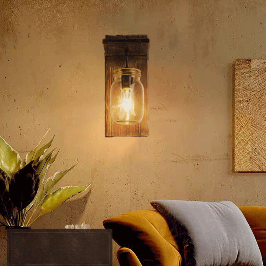 Vintage Metal And Wooden Lantern Living Room Wall Lamp, Pine Wood