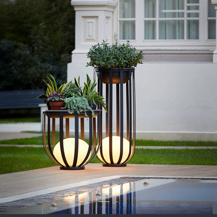 Modern Metal Lantern Outdoor Floor Lamp, Black