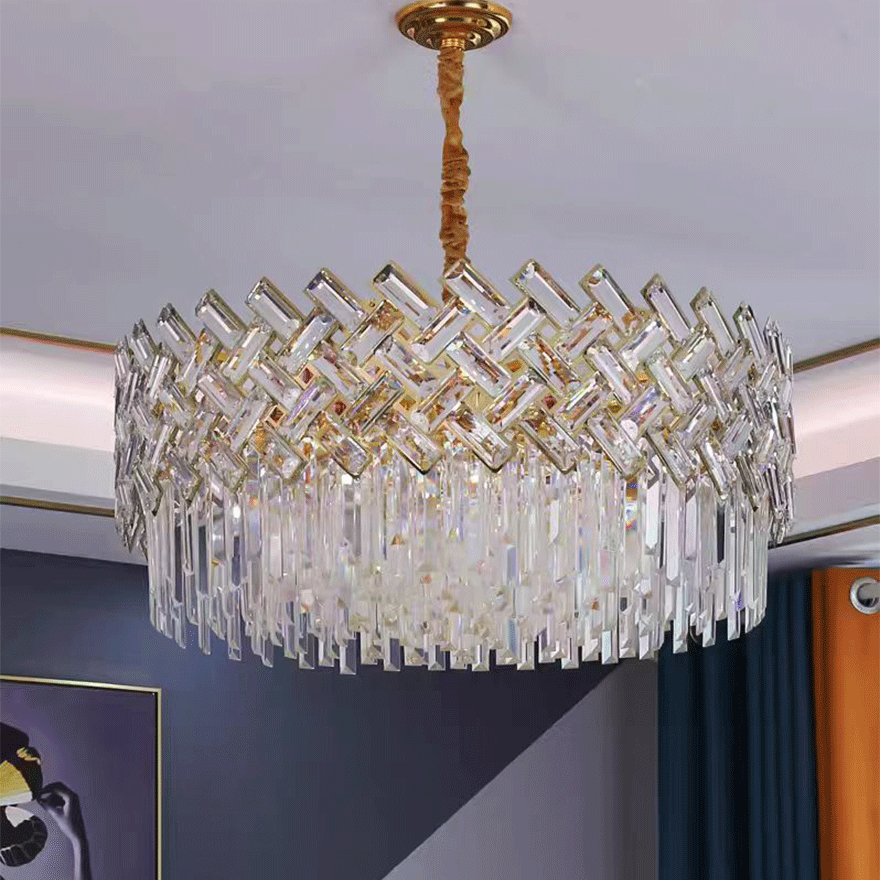 Baroque Metal And Crystal Geometric Dining Room Chandelier Pendant Light, Gold, Trichromatic Light