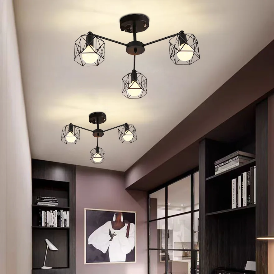 Industrial Metal Lantern Bedroom Ceiling Light, Black