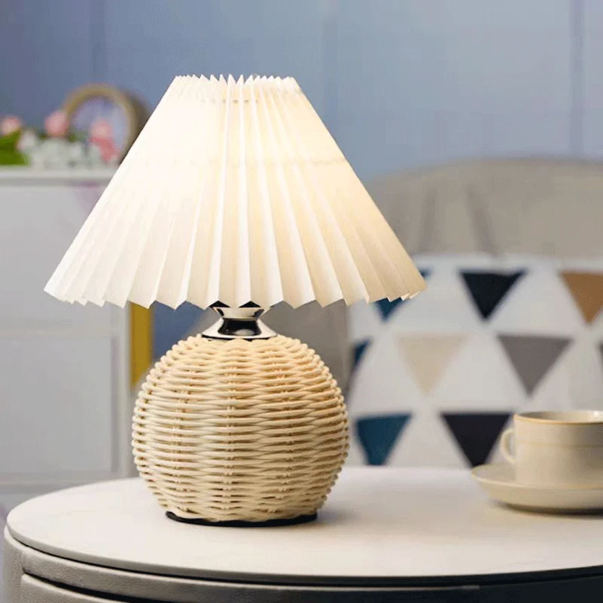 Classical Ceramic, Rattan, Wood Fabric Geometric Living Room Table Lamp, White/Burlywood | Liiffy