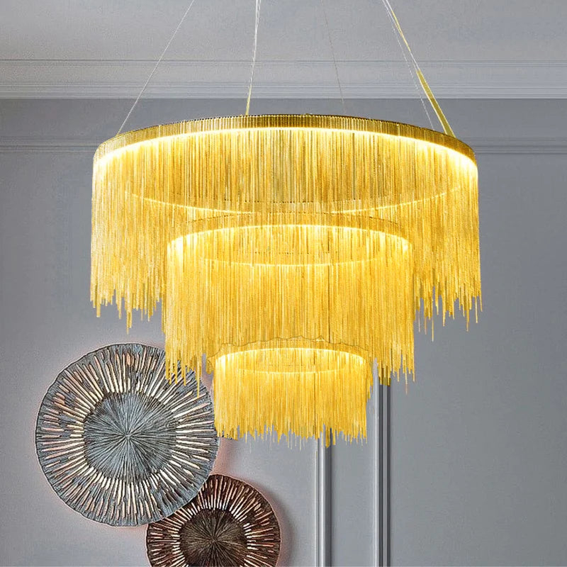 Royal Metal Tassel Living Room Chandelier Pendant Light, Gold, Trichromatic Light