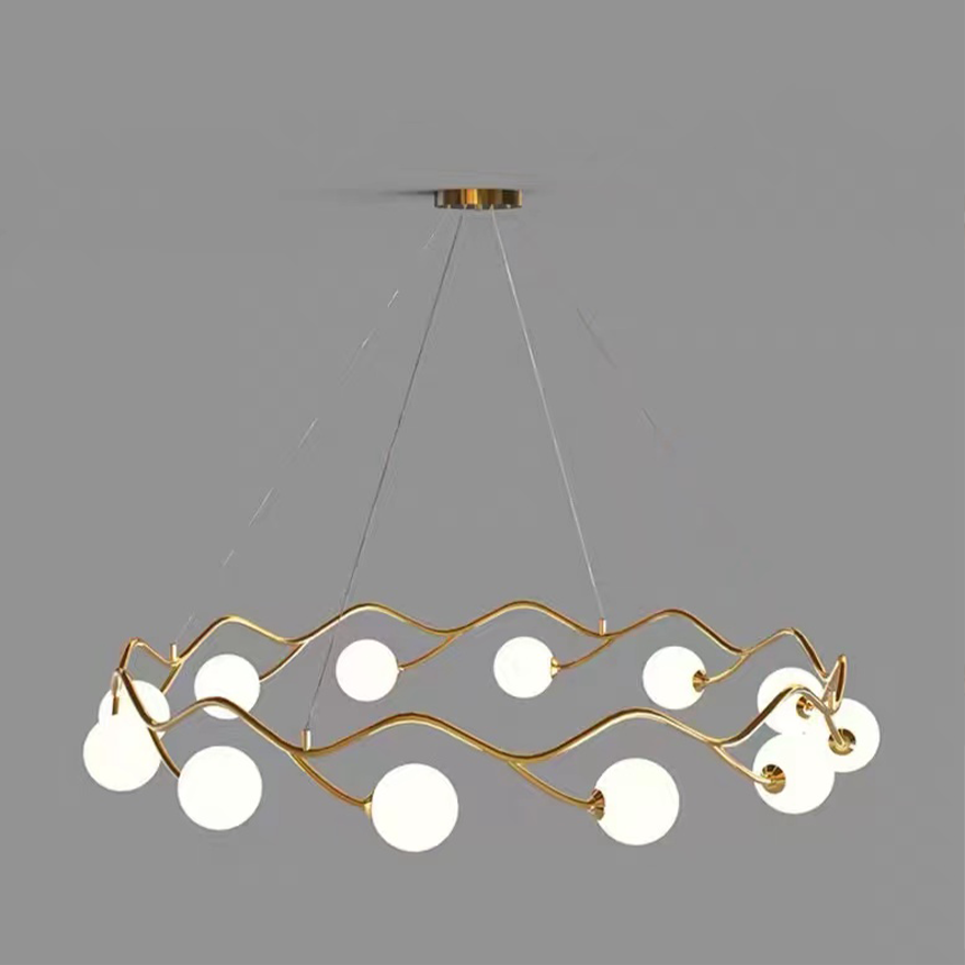 Nordic Metal And Glass Round Wave Living Room Chandelier Pendant Light, Gold