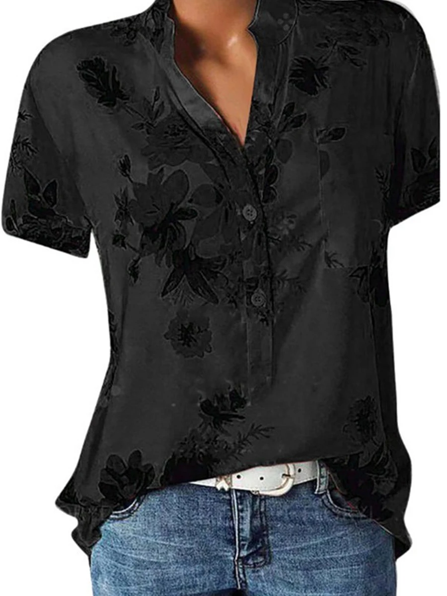 V Neck Loose Fitting Floral Printed Blouses