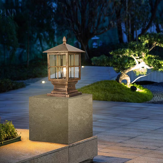 Decorative Metal And Glass Lantern Outdoor Pathway Light, Black/Bronze