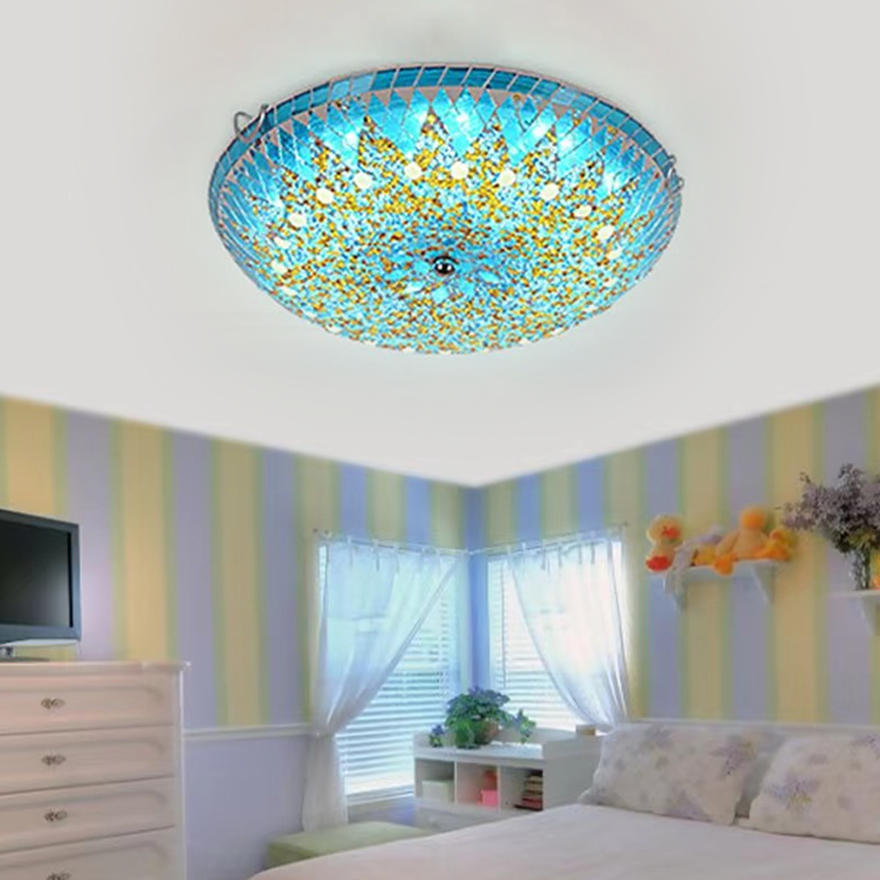 Mid Century Metal And Glass Bowled Bedroom Ceiling Light, Blue/White/Yellow