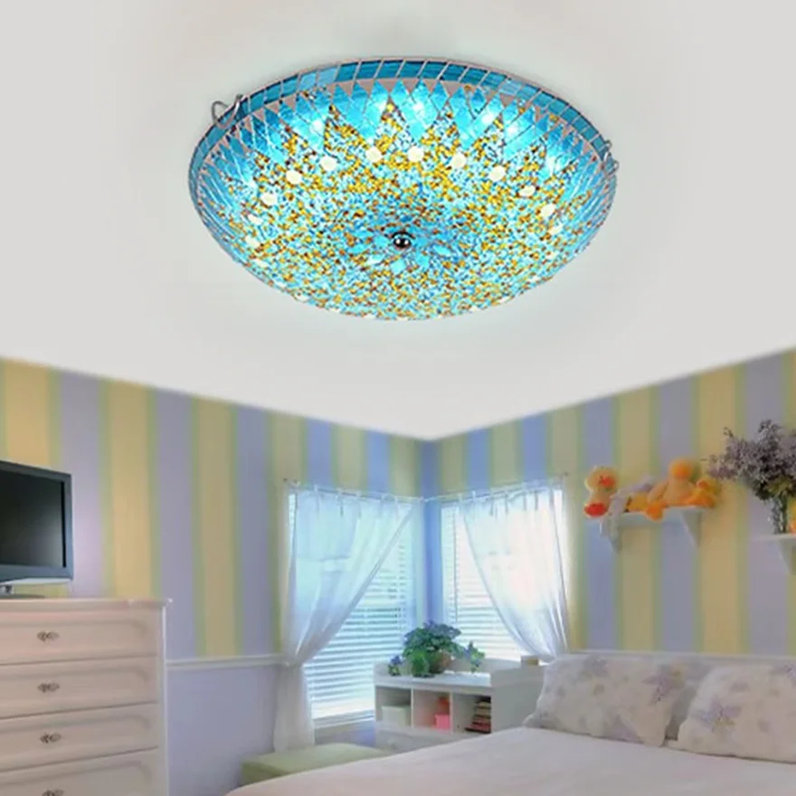 Mid Century Metal And Glass Bowled Bedroom Ceiling Light, Blue/White/Yellow