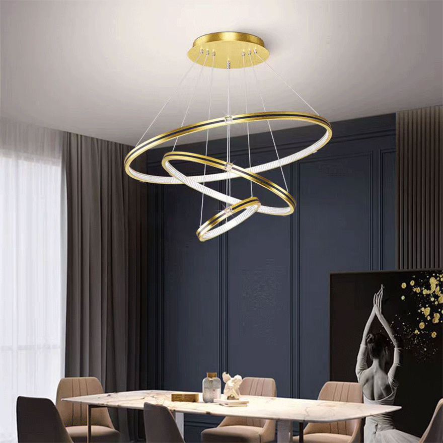 Modern Metal Ring Dining Room Pendant Light, Black/Gold, Trichromatic Light