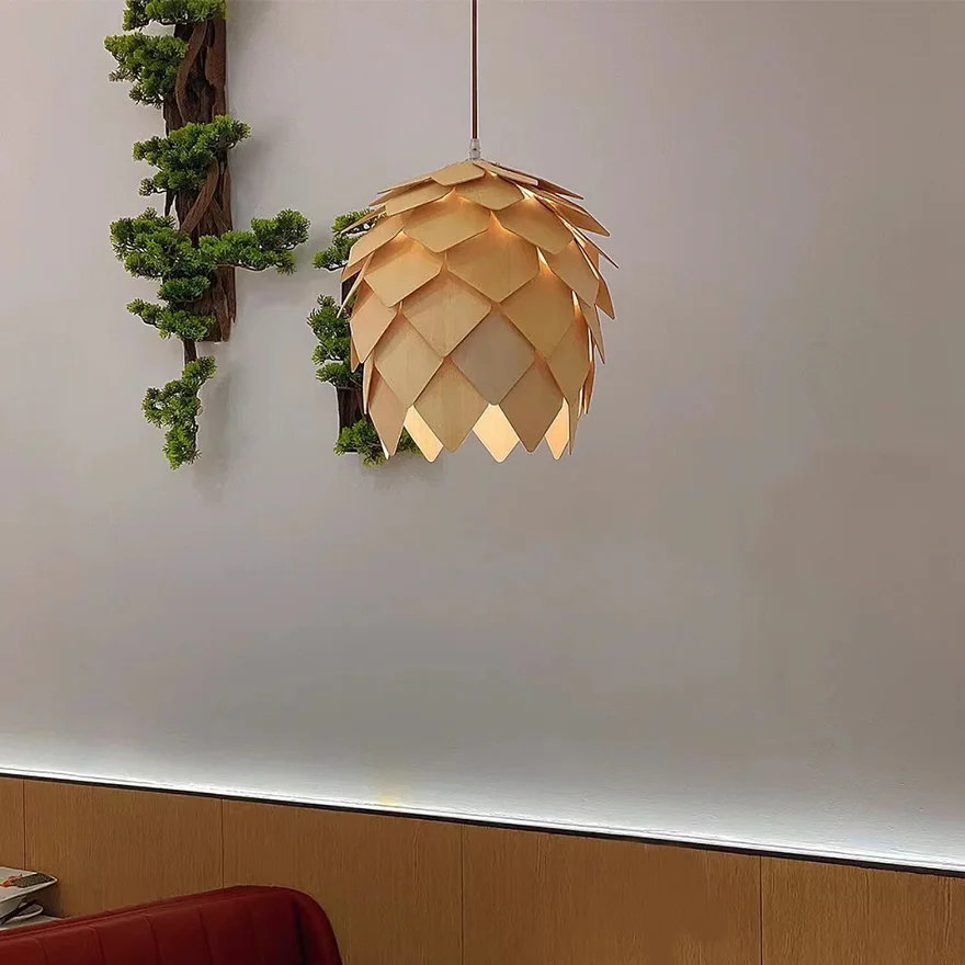 Designer Wooden Pinecone Dining Room Pendant Light, Burlywood