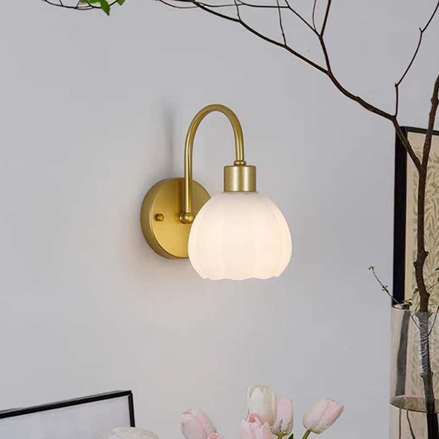 Minimalist Metal And Glass Floral Living Room Wall Light, White/Gold