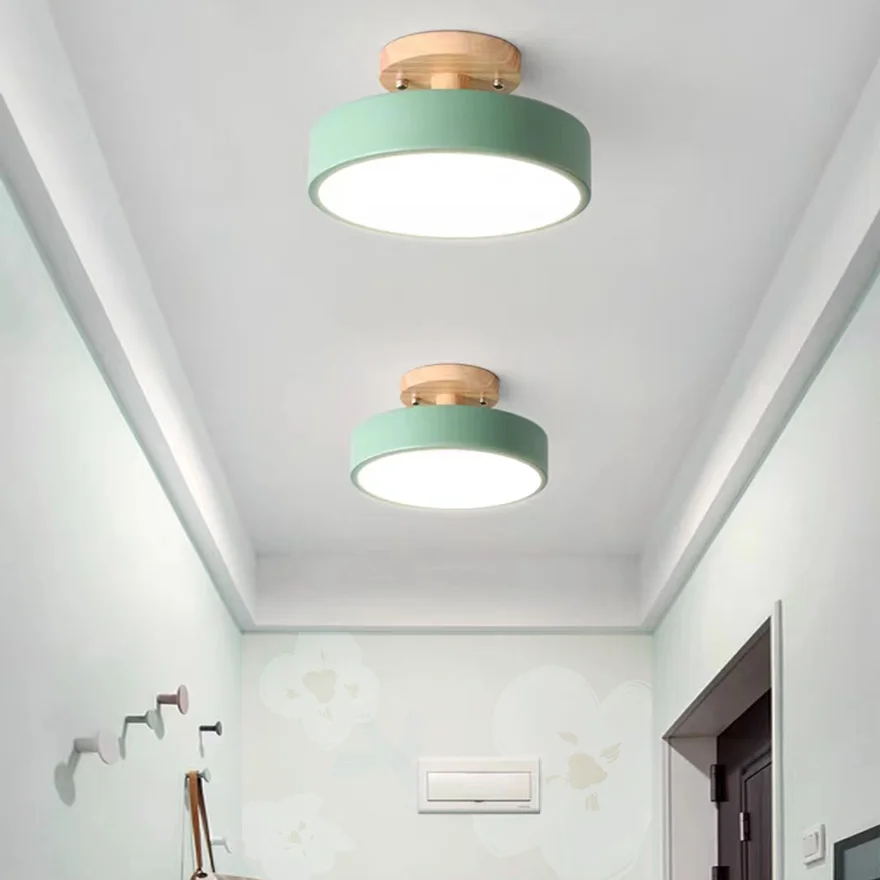 Modern Wooden And Acrylic Round Dining Room Ceiling Light, Gray/Green/Pink/White/Wood, Trichromatic Light