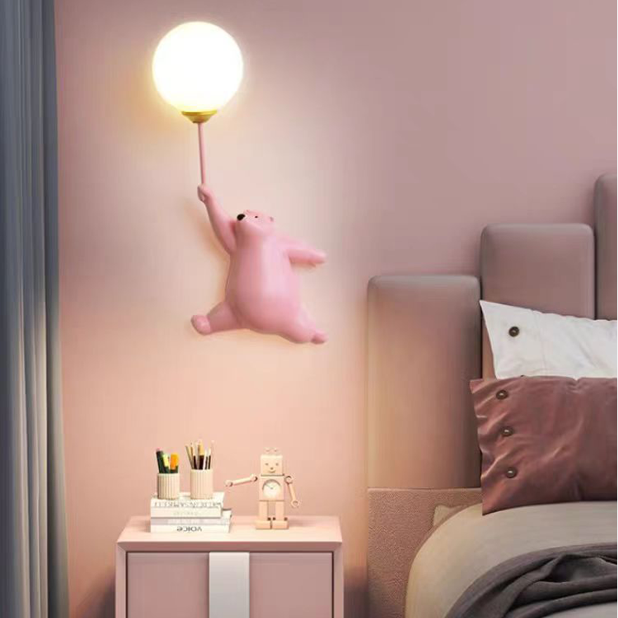 Art Deco Resin And Acrylic Bear Balloon Children's Room Wall Lamp, Blue/Pink/White, Trichromatic Light