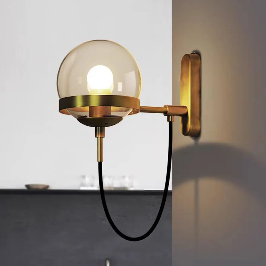 Retro Metal And Glass Globular Bedroom Wall Lamp, Black/Bronze