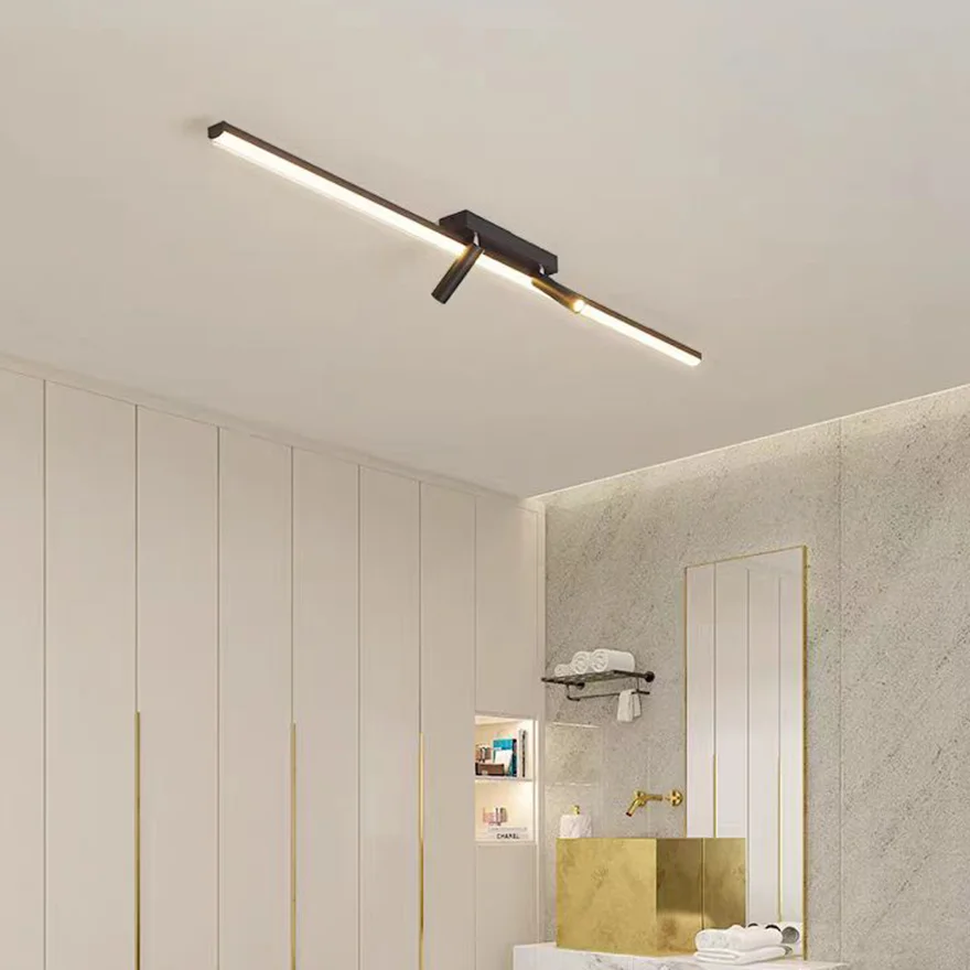 Minimalist Metal Linear Living Room Ceiling Light, Black,Trichromatic Light