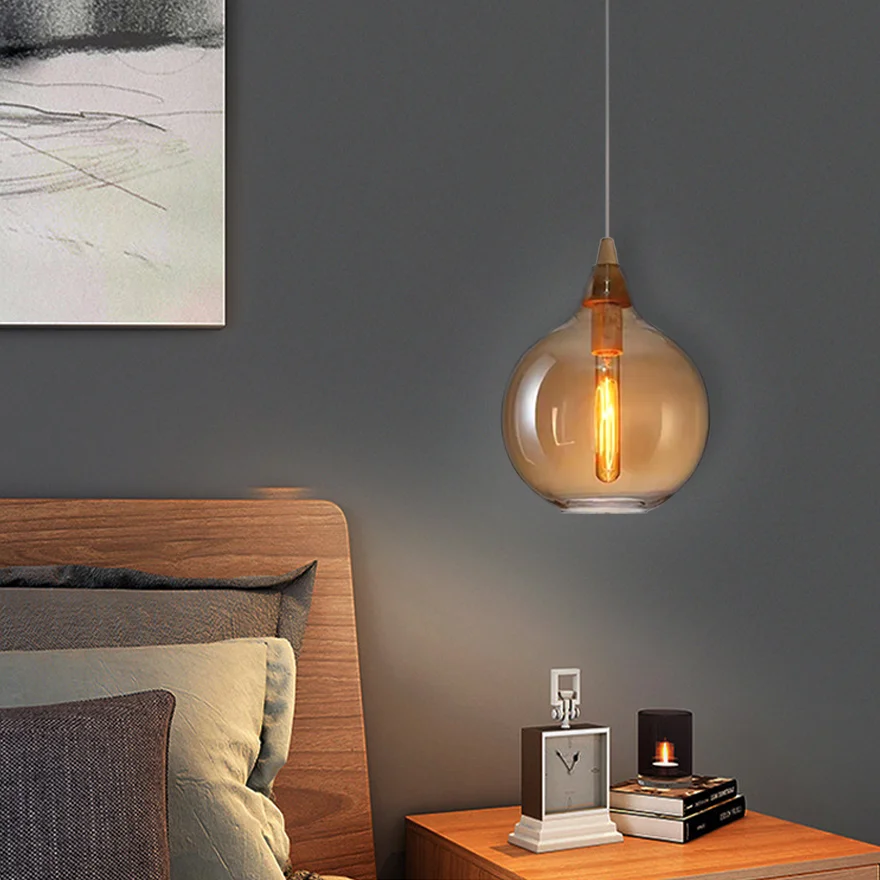 Modern Metal And Glass Drum Bedroom Pendant Light, Amber