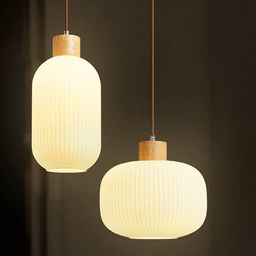 Minimalist Wooden And Glass Lantern Bedroom Pendant Light, White