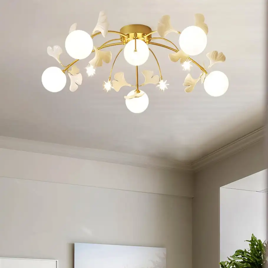 Designer Metal And Ceramic Petal Shaped Study Room Ceiling Light, Gold-White