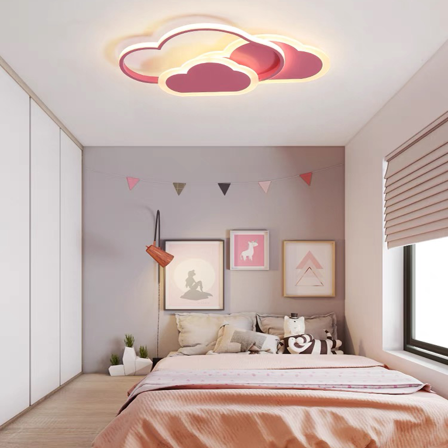 Art Deco Acrylic And Metal Cloudy Children's Room Ceiling Light, Pink/White, Trichromatic Light