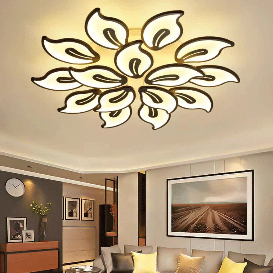 Art Deco Metal And Acrylic Floral Dining Room Ceiling Light, Black/White, Trichromatic Light