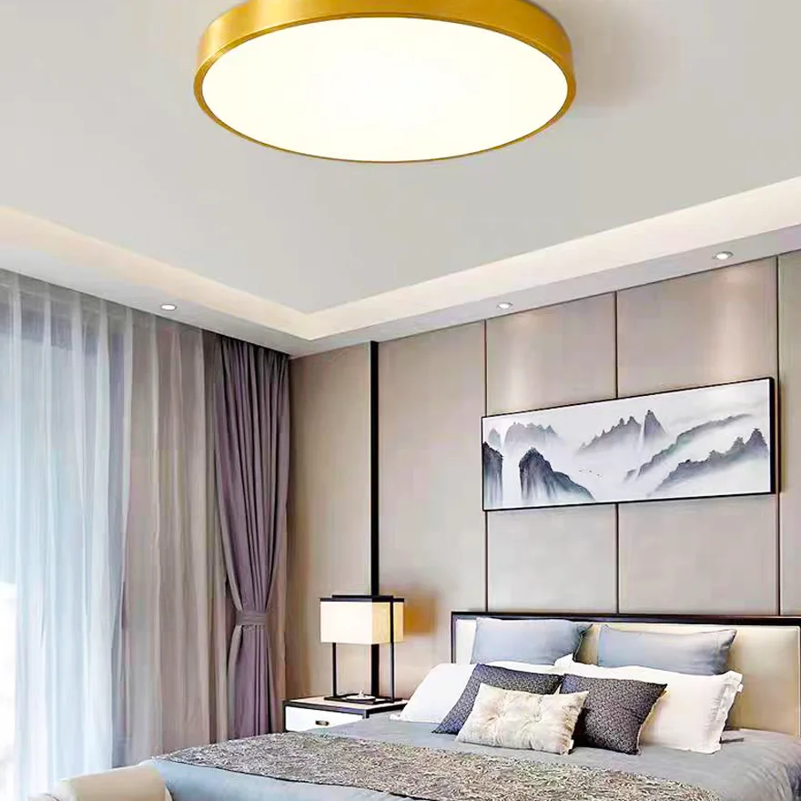 Modern Pure Copper Round Living Room Ceiling Light,Gold