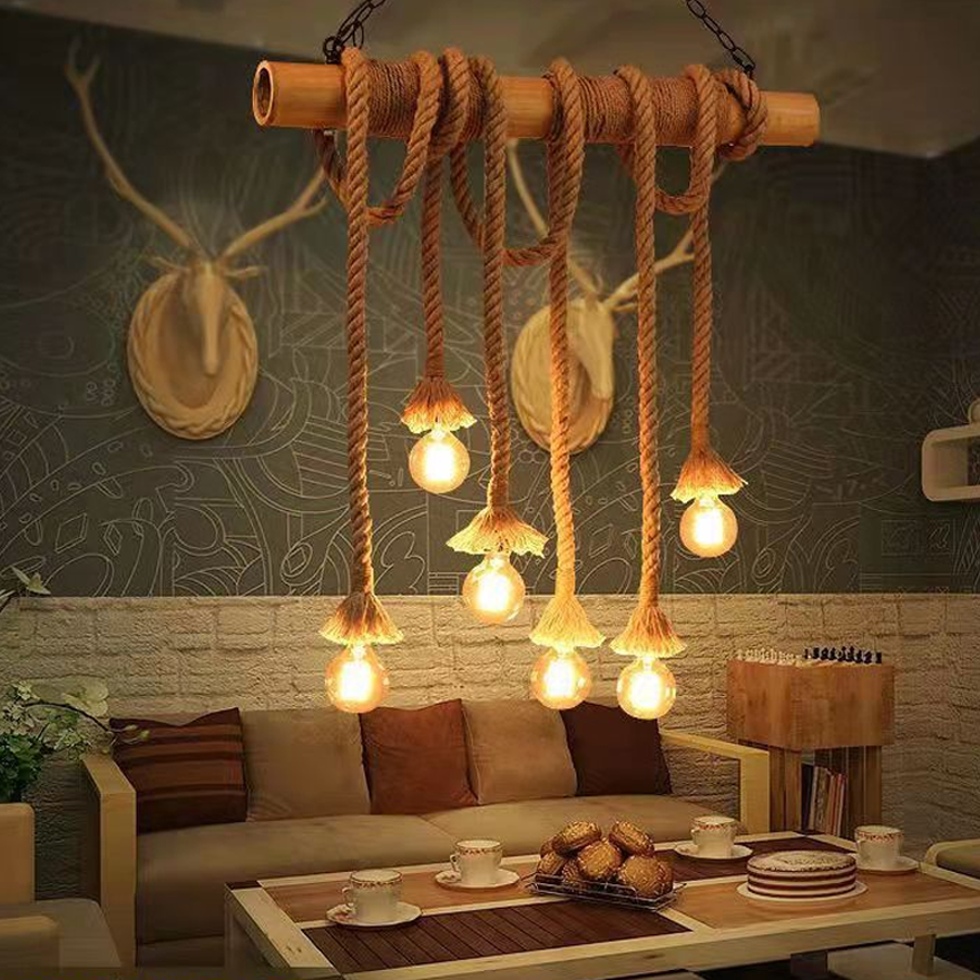 Rustic Hemp Rope And Metal  Strip Dining Room Pendant Light, Log Color