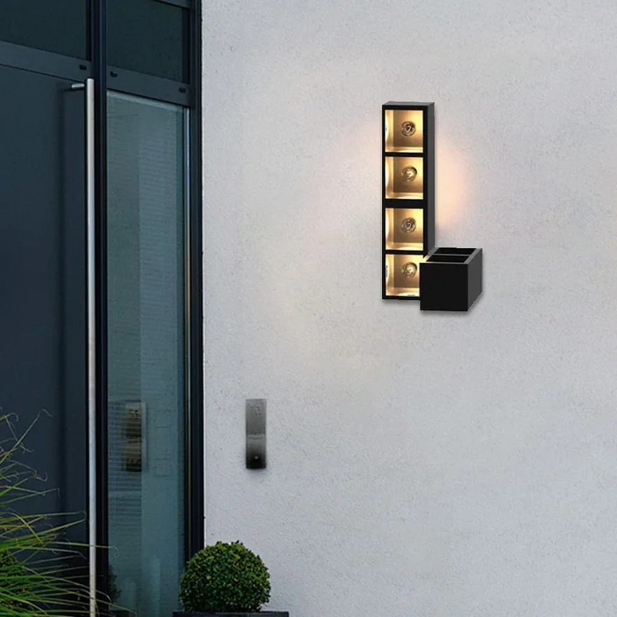 Modern  Metal And Glass Cube Outdoor Wall Lamp, Black